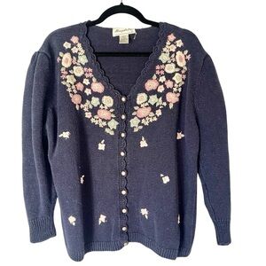 Vintage Margules Blue Floral Knit Cardigan Sweater Ramie Granny Embroidered 20W